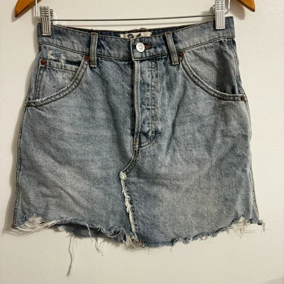 We The Free Light Wash Denim Raw Hem Cut Off Micro Mini Skirt - Picture 3 of 12
